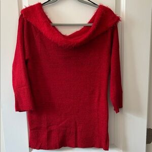 Dramatic Faux Fur Off-the-Shoulder Red Sweater w/Metallic Threads